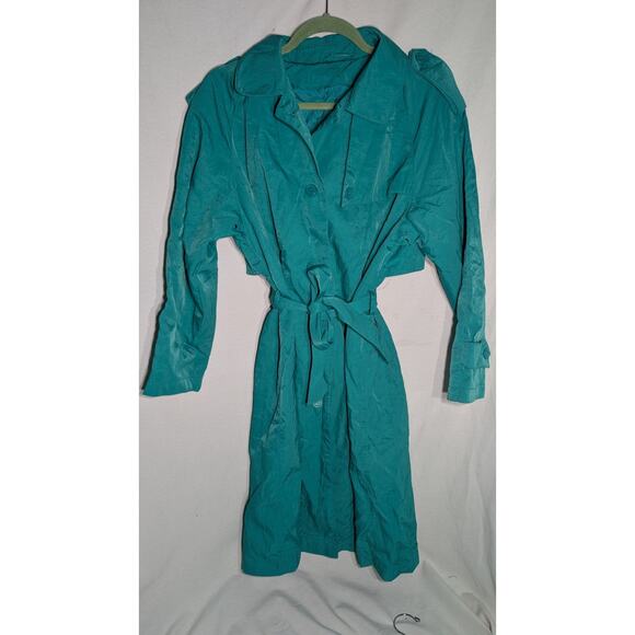 Amanda Smith Petites VTG Womens Long Trench Coat Rain Jacket Sz 6P Turquoise 80s - Picture 1 of 7